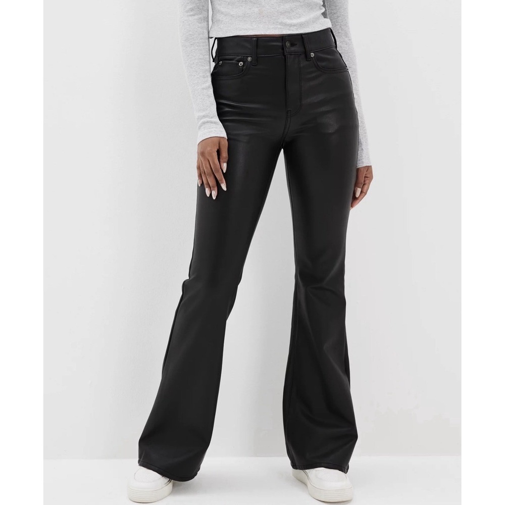 American Eagle Vegan Leather Flare Pants Size‎ 14 Black Super High Rise Y2K